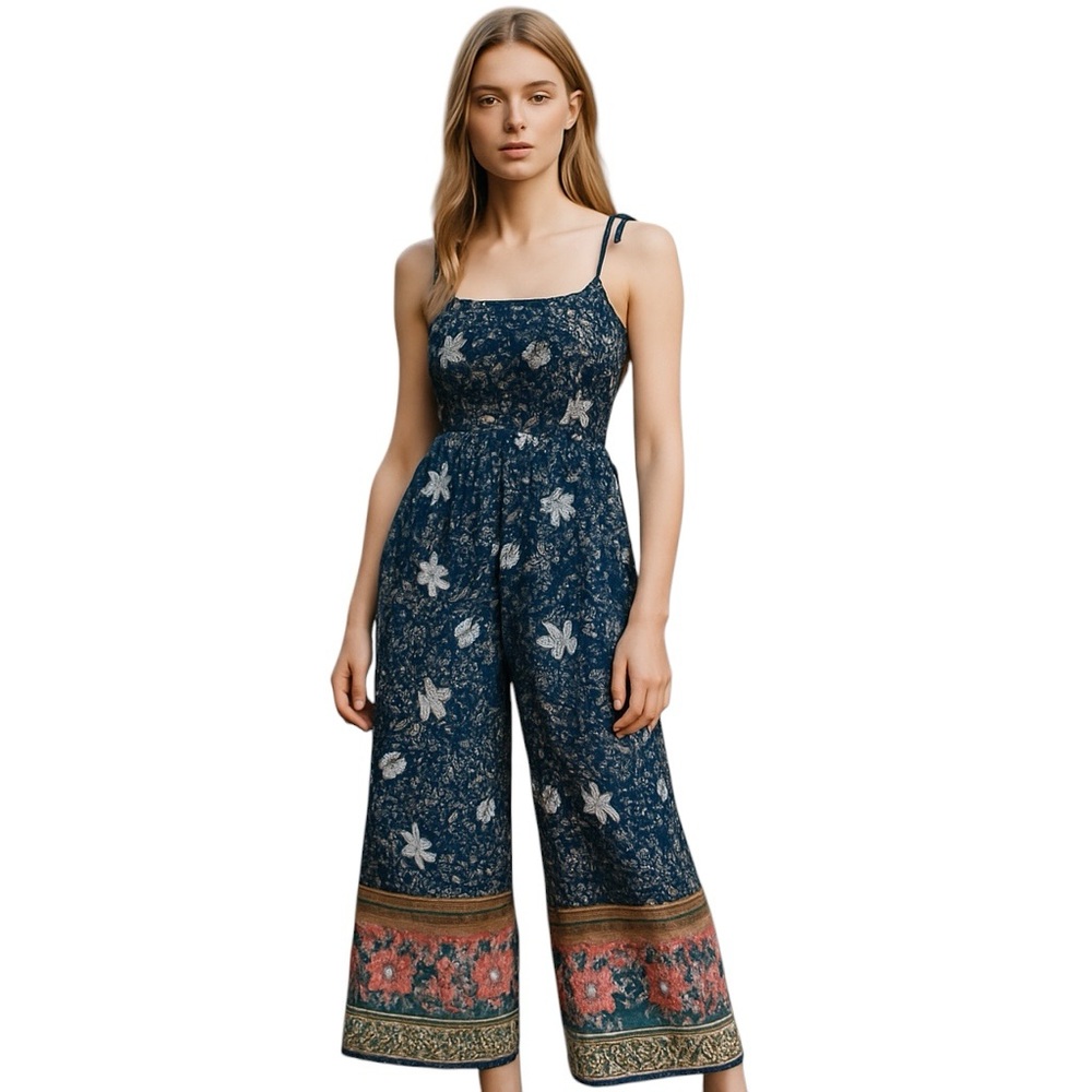 Cupshe Navy Blue Pink Print Floral One Piece Jumpsuit L